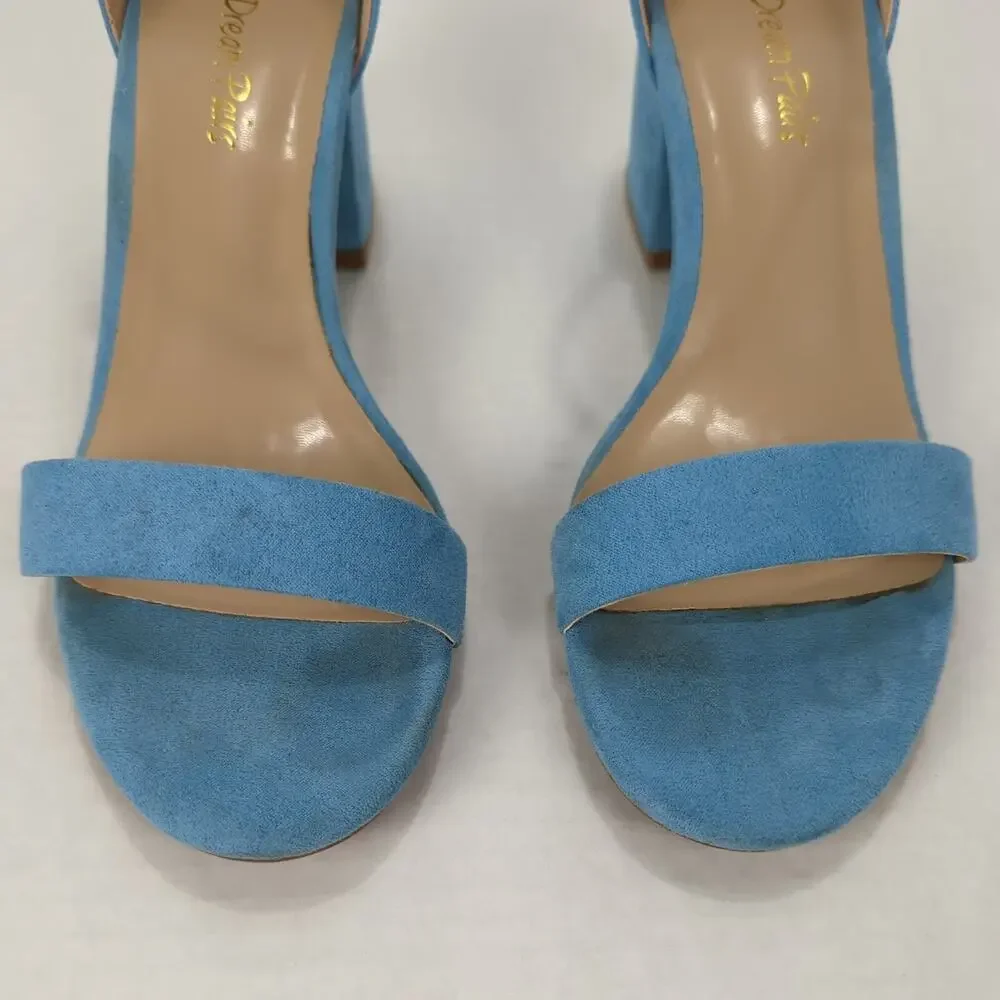 Dream Pairs Blue Strappy Block Heel Sandals Ankle Strap Buckle Open Toe Womens 7
